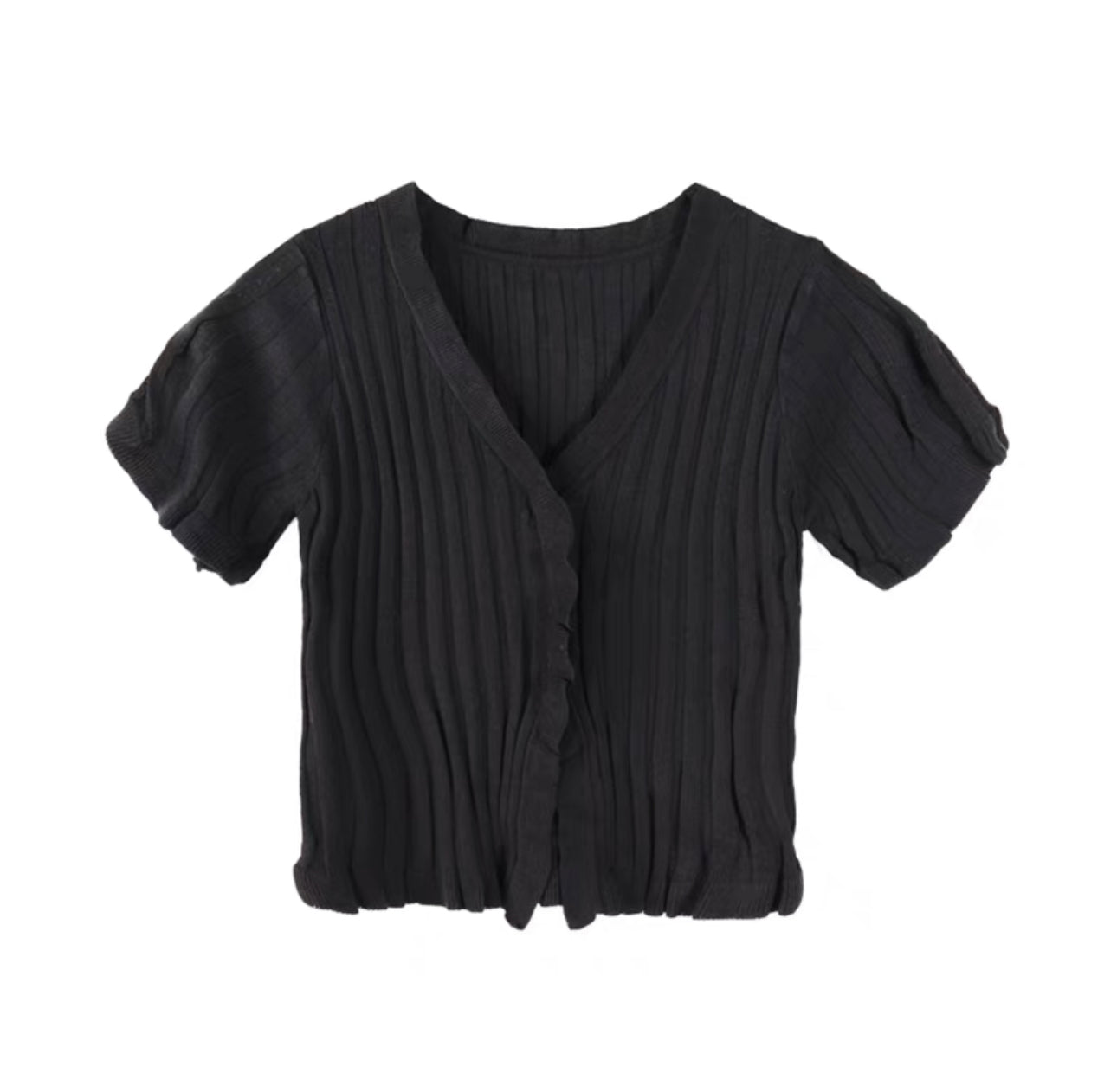 Waved Button-up Knit Top - Black