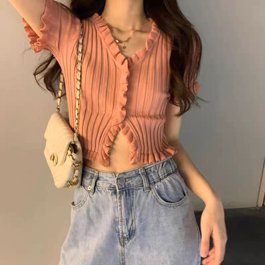 Waved Button-up Knit Top - Pink