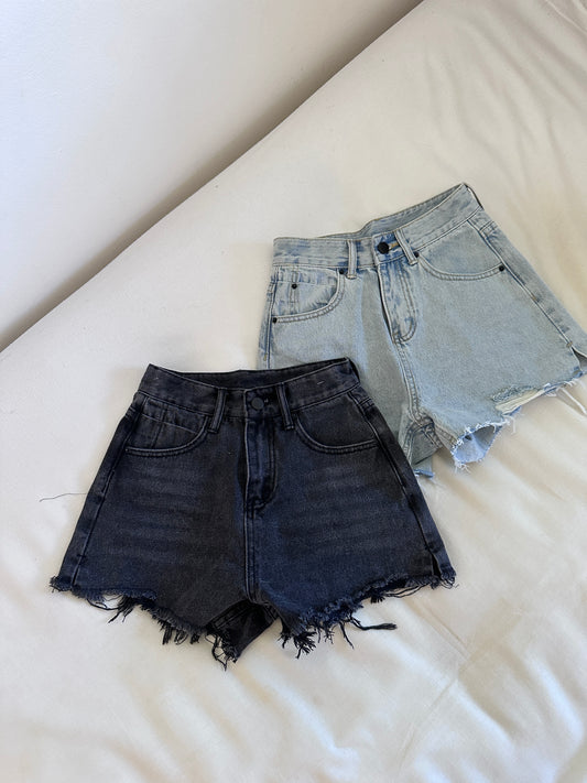 Frayed Denim Shorts - Black