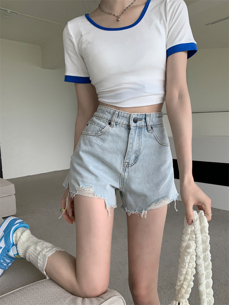 Frayed Denim Shorts - Blue